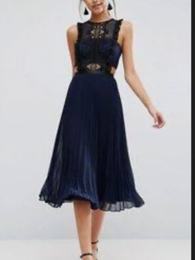Asos Lace Pinafore Pleated Dress sz 0 navy blue